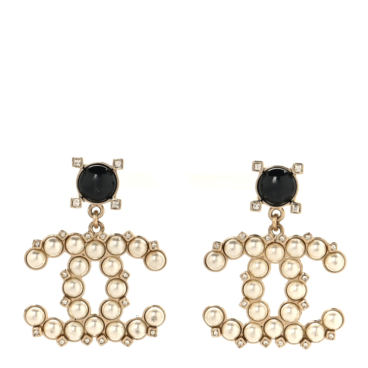 Chanel Resin Crystal Pearl CC Drop Earrings Black Gold 1 of 5