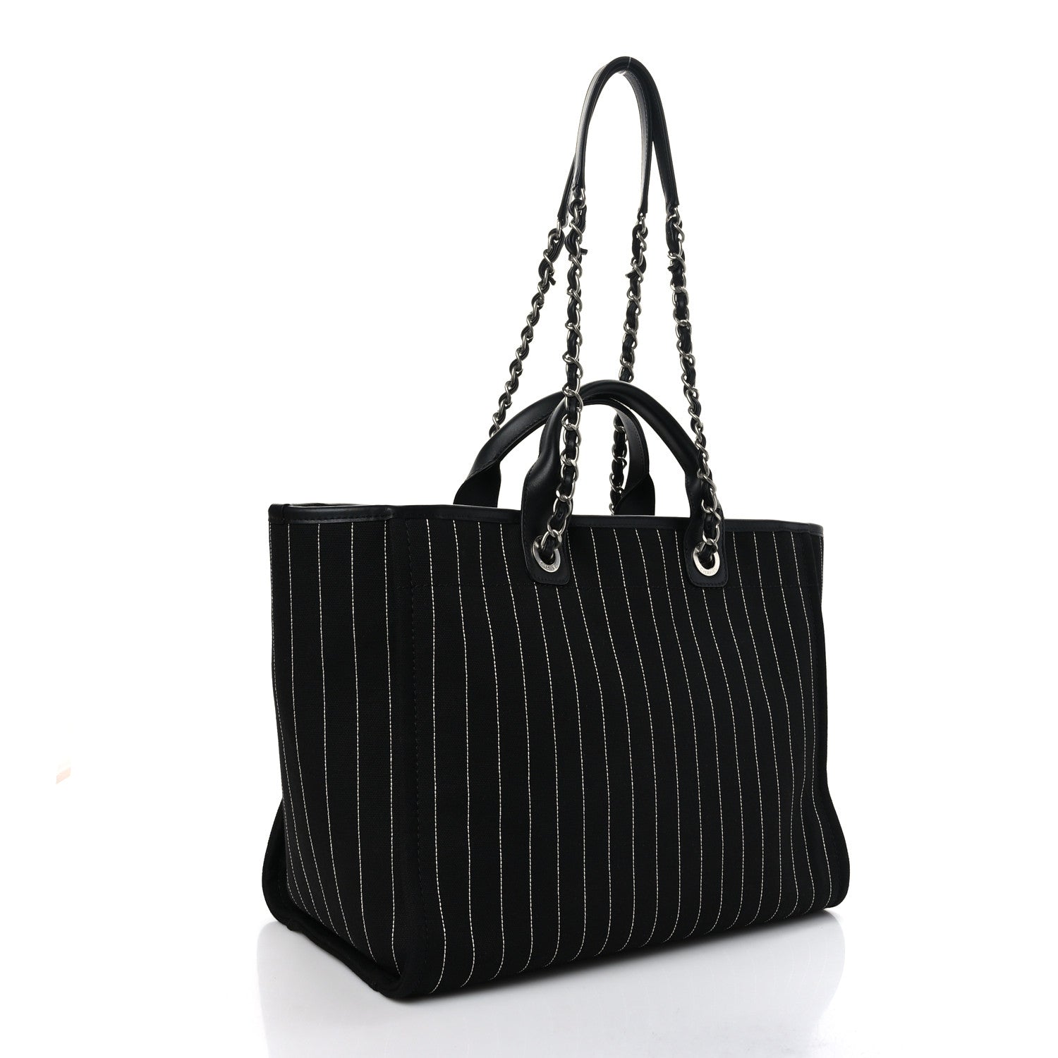 Chanel Canvas Calfskin Striped Medium Deauville Tote Black White 4 of 10