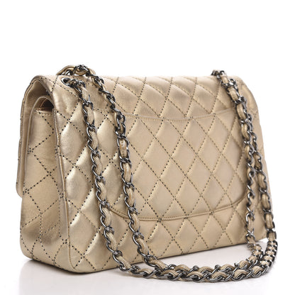 Chanel Metallic Washed Lambskin Quilted Jumbo Double Flap Dark Gold Black 3 of 14