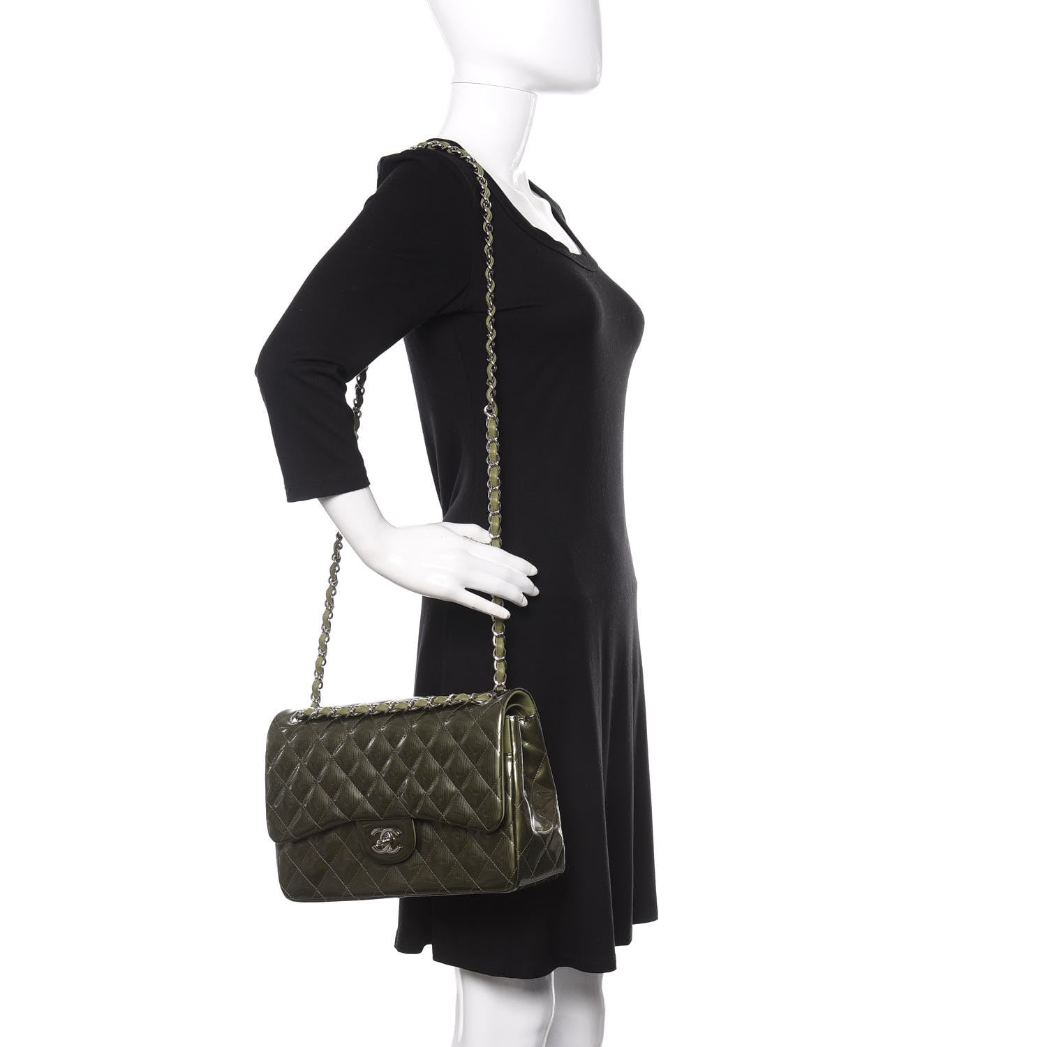 Chanel Striated Patent Quilted Jumbo Double Flap Green 2 of 11