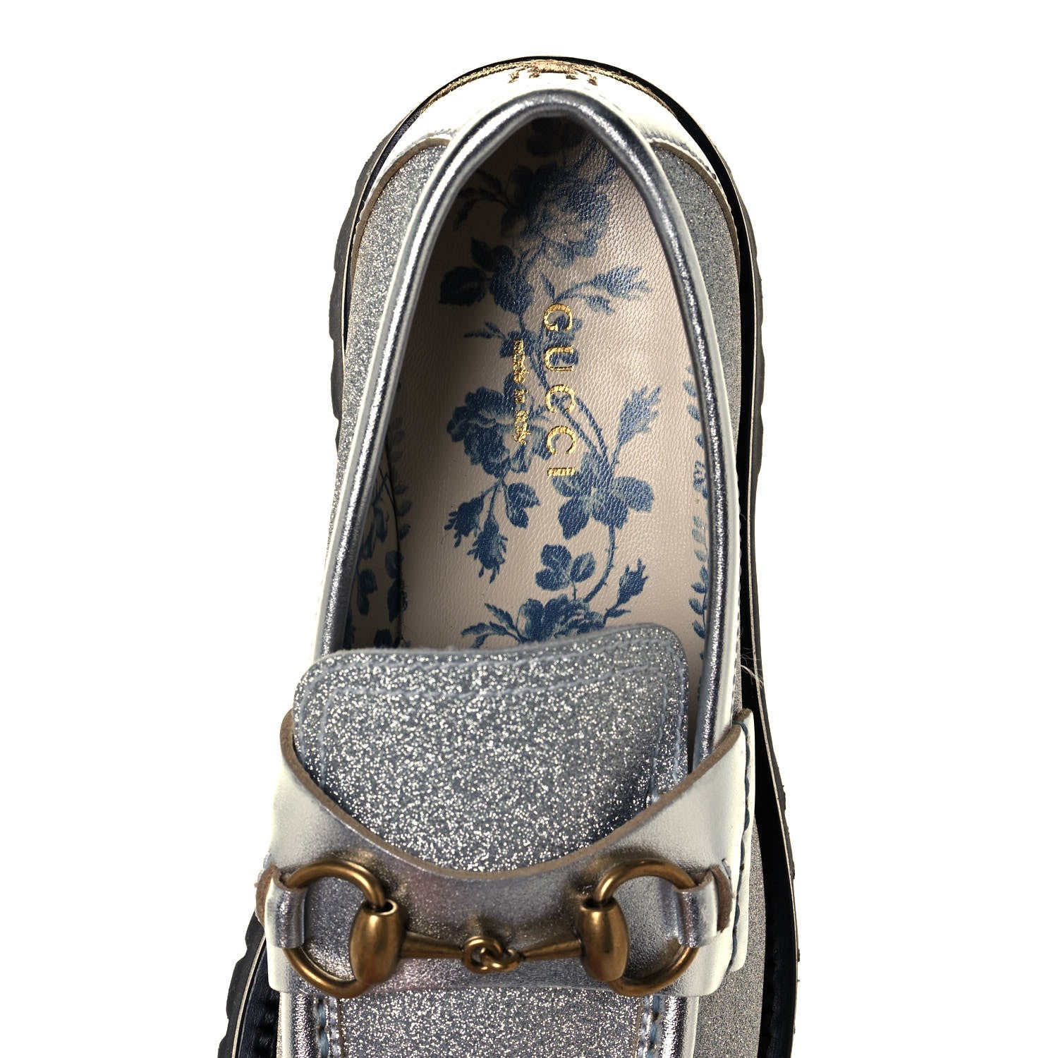 Gucci Mini Diamond Storm Silk Calfskin Womens Harald Horsebit 25mm Platform Loafers 36.5 Silver 8 of 11