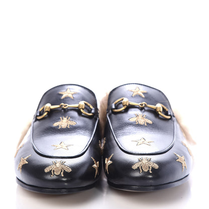 Gucci Goatskin Fur Bee Star Embroidered Womens Princetown Slippers 37.5 Black 2 of 10