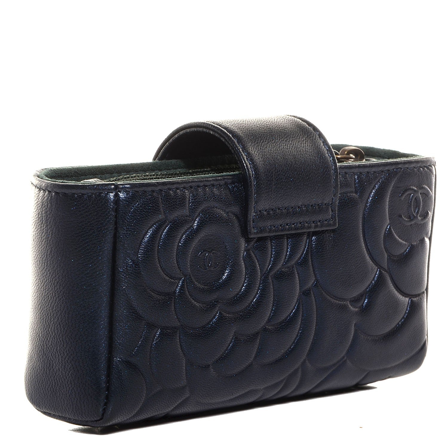 Chanel Lambskin Camellia Embossed Mini Phone Holder Clutch Dark Blue 3 of 7