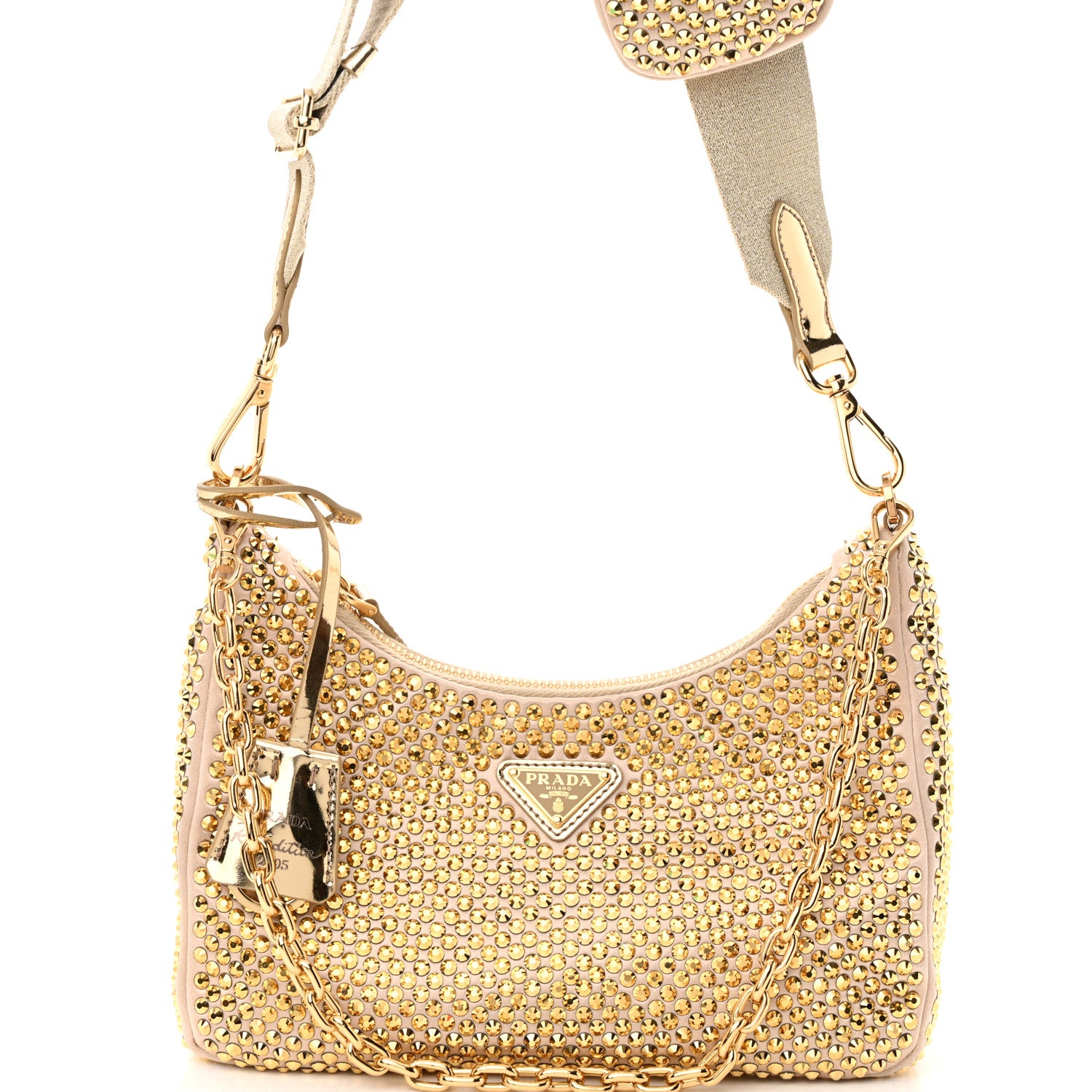 Prada Satin Crystal Re-Edition 2005 Shoulder Bag Platino 1496269