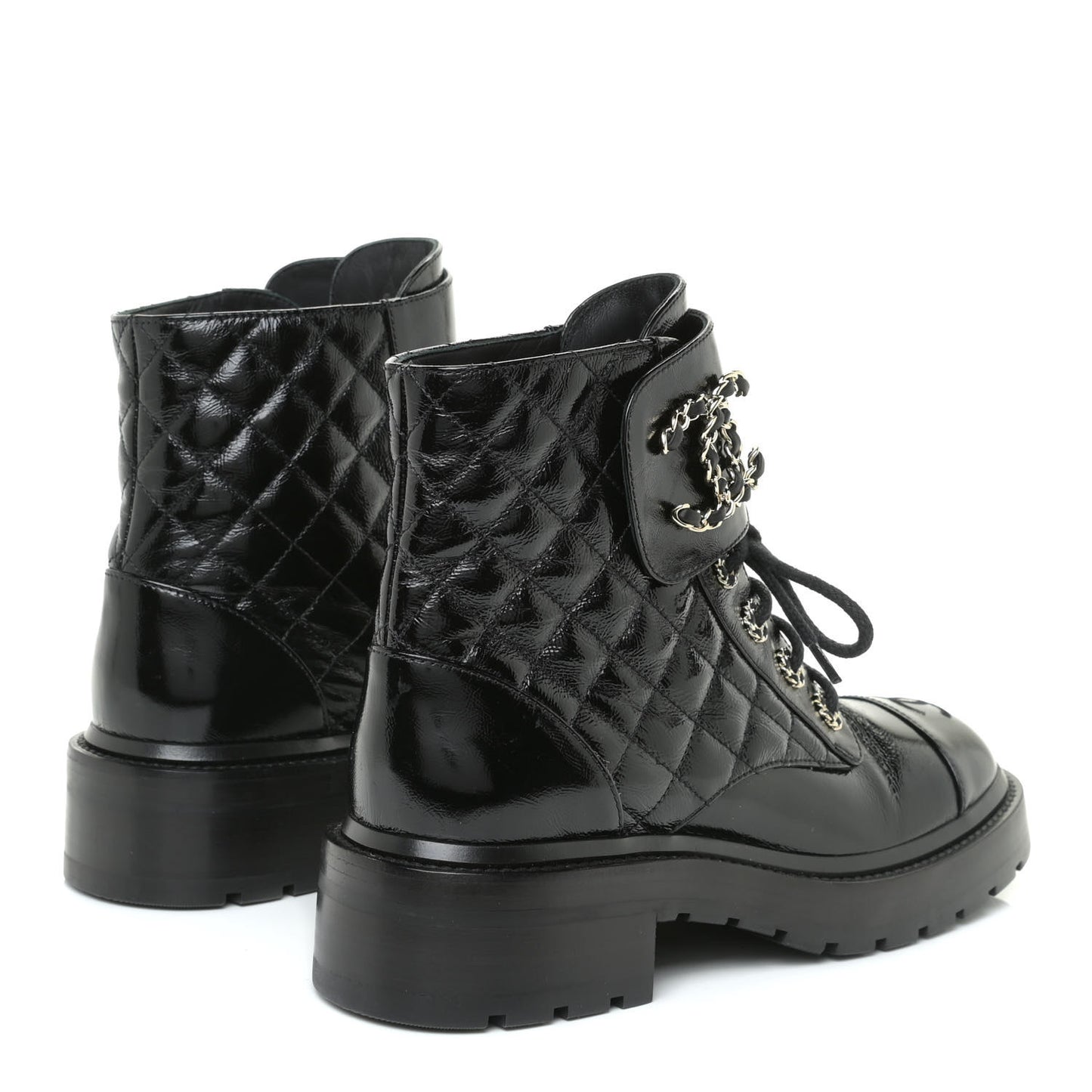 Shiny Calfskin Quilted Lace Up Combat Boots 37 Black