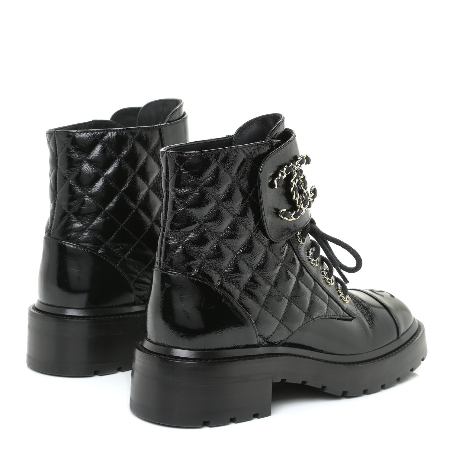 Chanel Shiny Calfskin Quilted Lace Up Combat Boots 37 Black 4 of 12