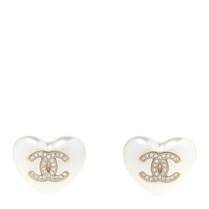 Chanel Pearl Crystal CC Heart Earrings Gold 1 of 5