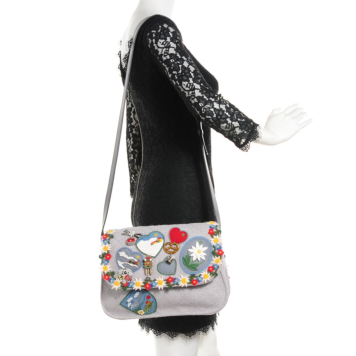 Chanel Felt Embroidered Small Crest Austrian Satchel Grey 2 of 6