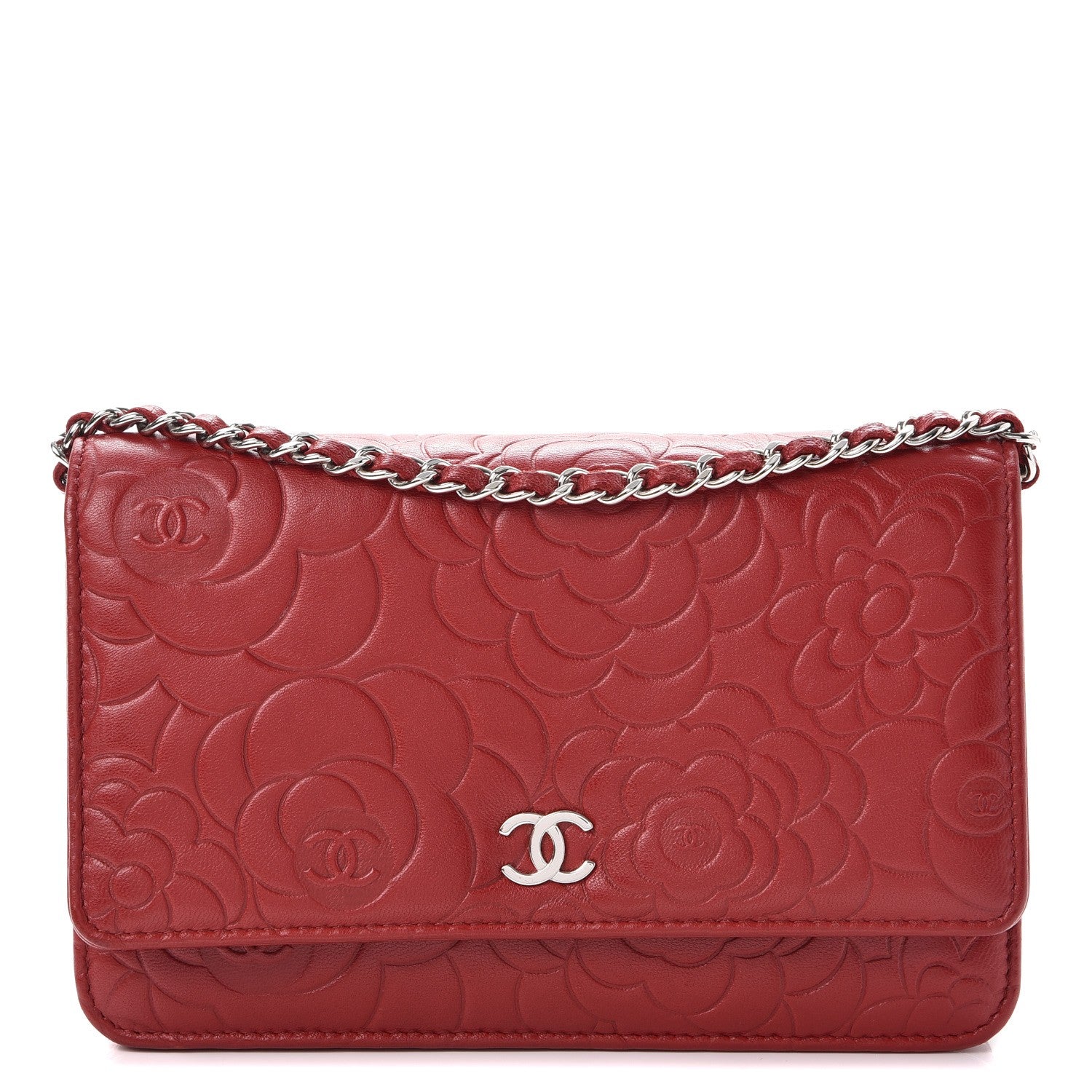 Chanel Lambskin Camellia Embossed Wallet On Chain WOC Dark Red 1 of 10