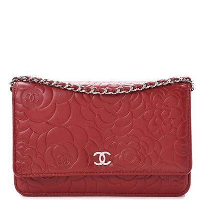 Chanel Lambskin Camellia Embossed Wallet On Chain WOC Dark Red 1 of 10