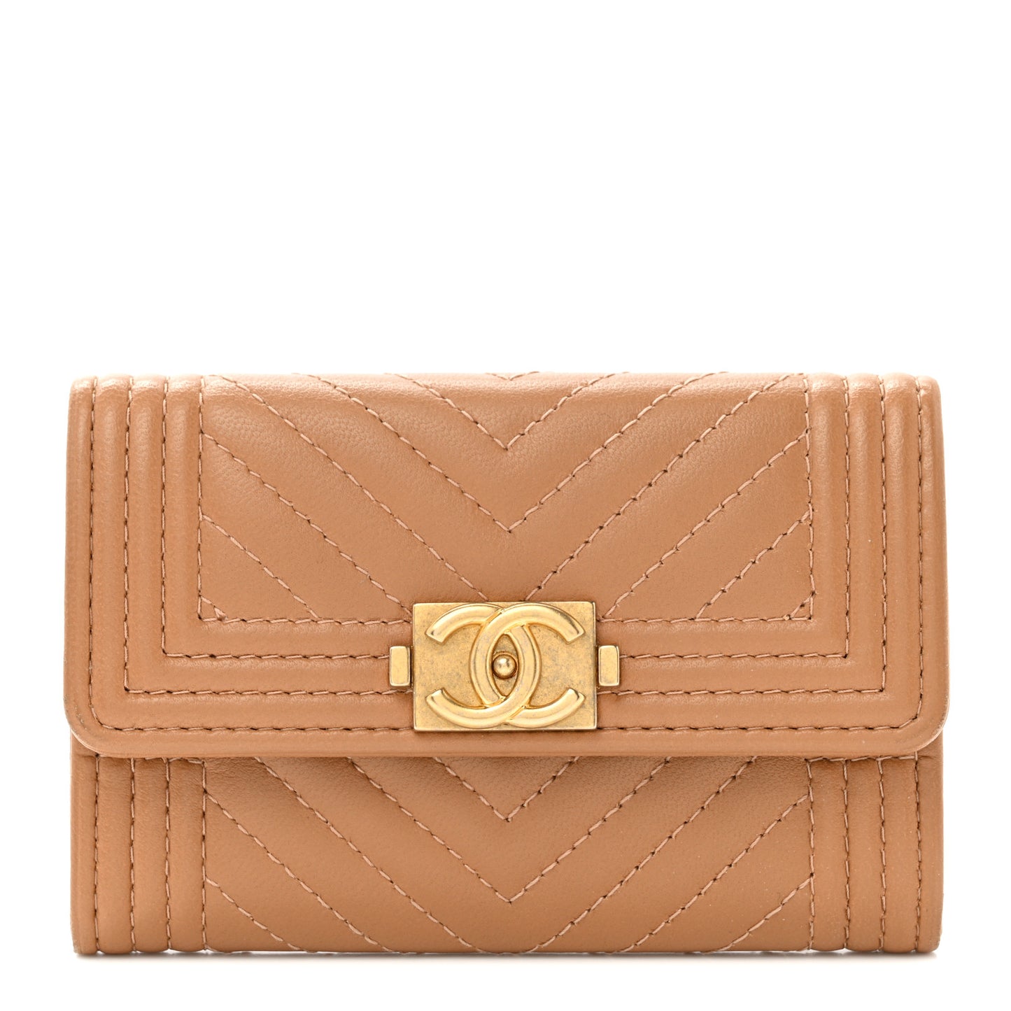 Lambskin Chevron Quilted Boy Card Holder Dark Beige