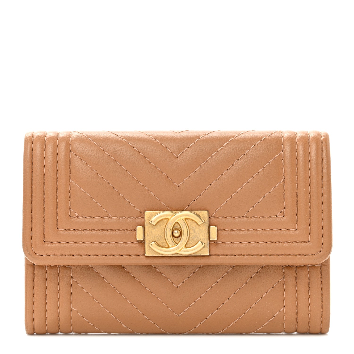 Chanel Lambskin Chevron Quilted Boy Card Holder Dark Beige 1 of 10