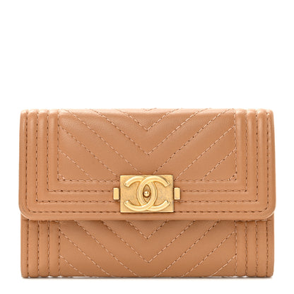 Chanel Lambskin Chevron Quilted Boy Card Holder Dark Beige 1 of 10