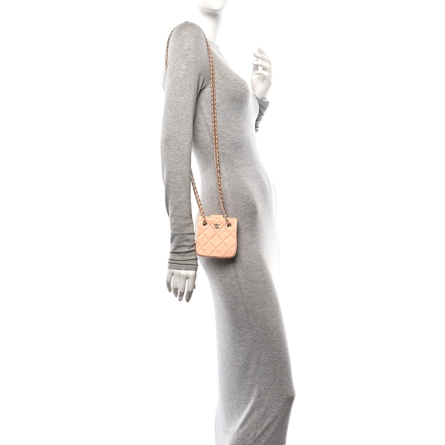 Lambskin Quilted Tiny Shopping Clutch With Chain Light Beige