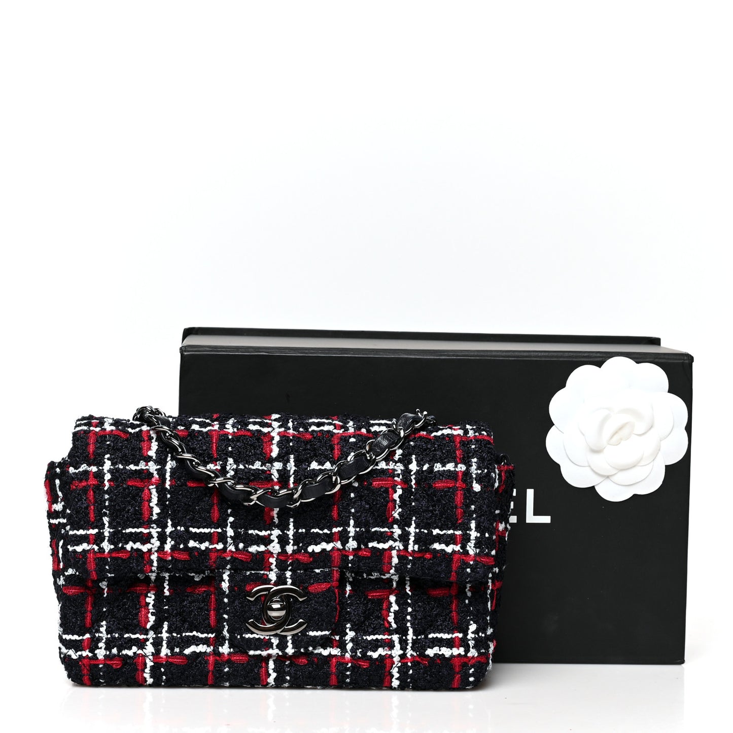 Tweed Quilted Mini Rectangular Flap Navy Blue White Red