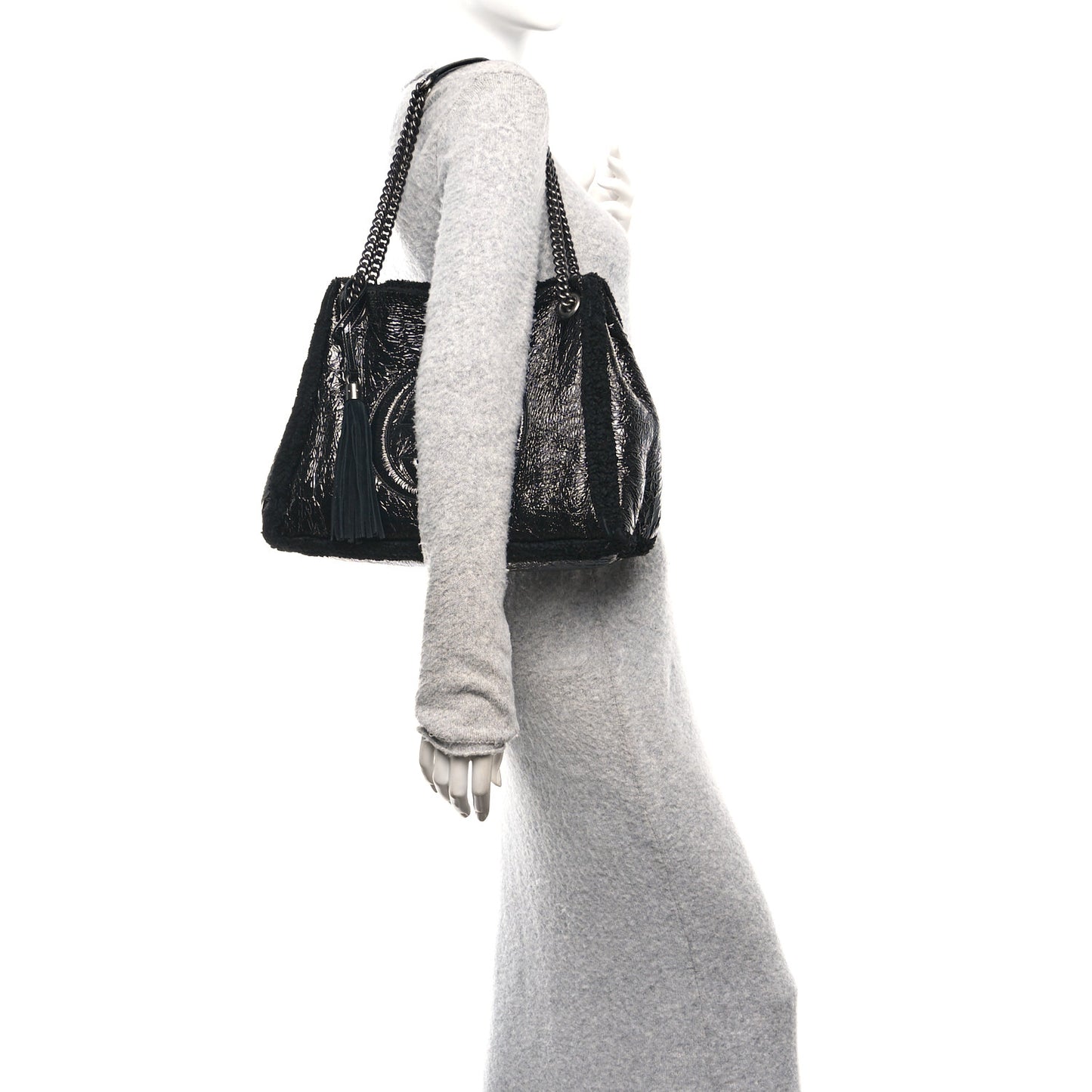 Patent Shearling Medium Soho Chain Shoulder Bag Black