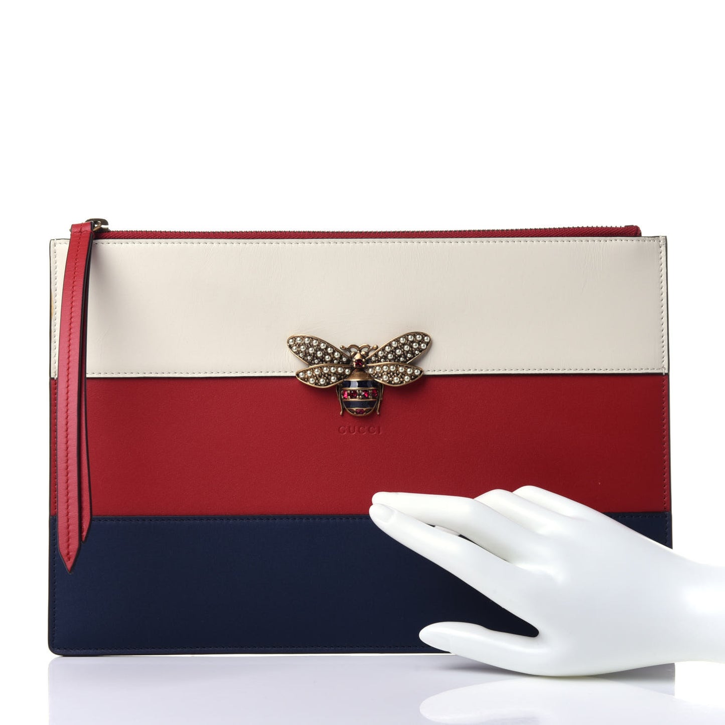 Calfskin Striped Oversized Bee Zip Pouch White Blue Hibiscus Red