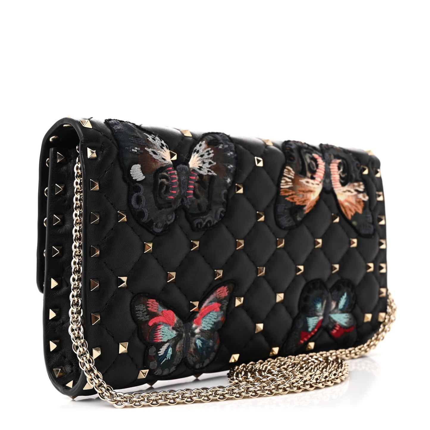 Nappa Butterfly Embroidered Rockstud Spike Wallet on Chain Black