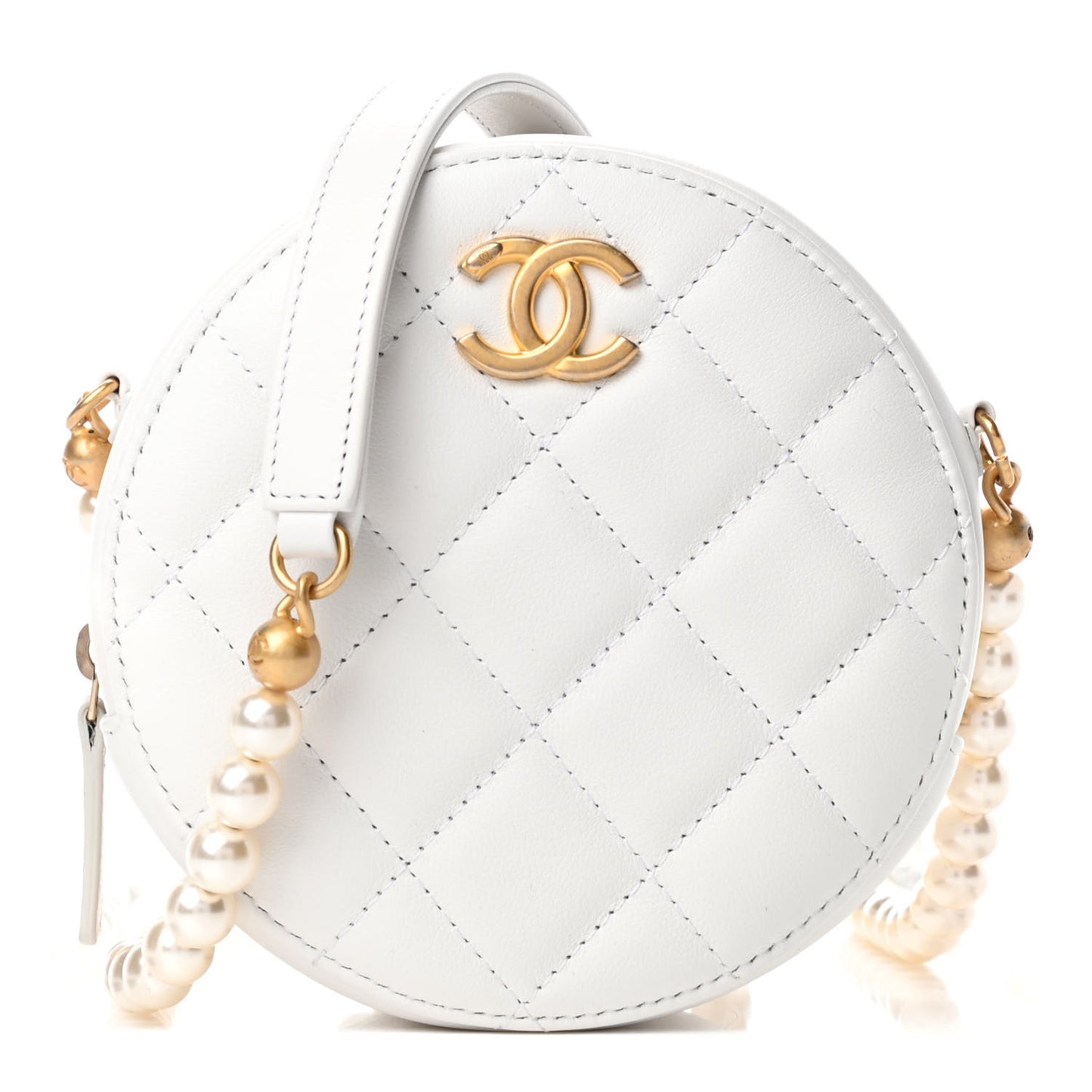 Calfskin Quilted About Pearls Round Clutch With Chain White