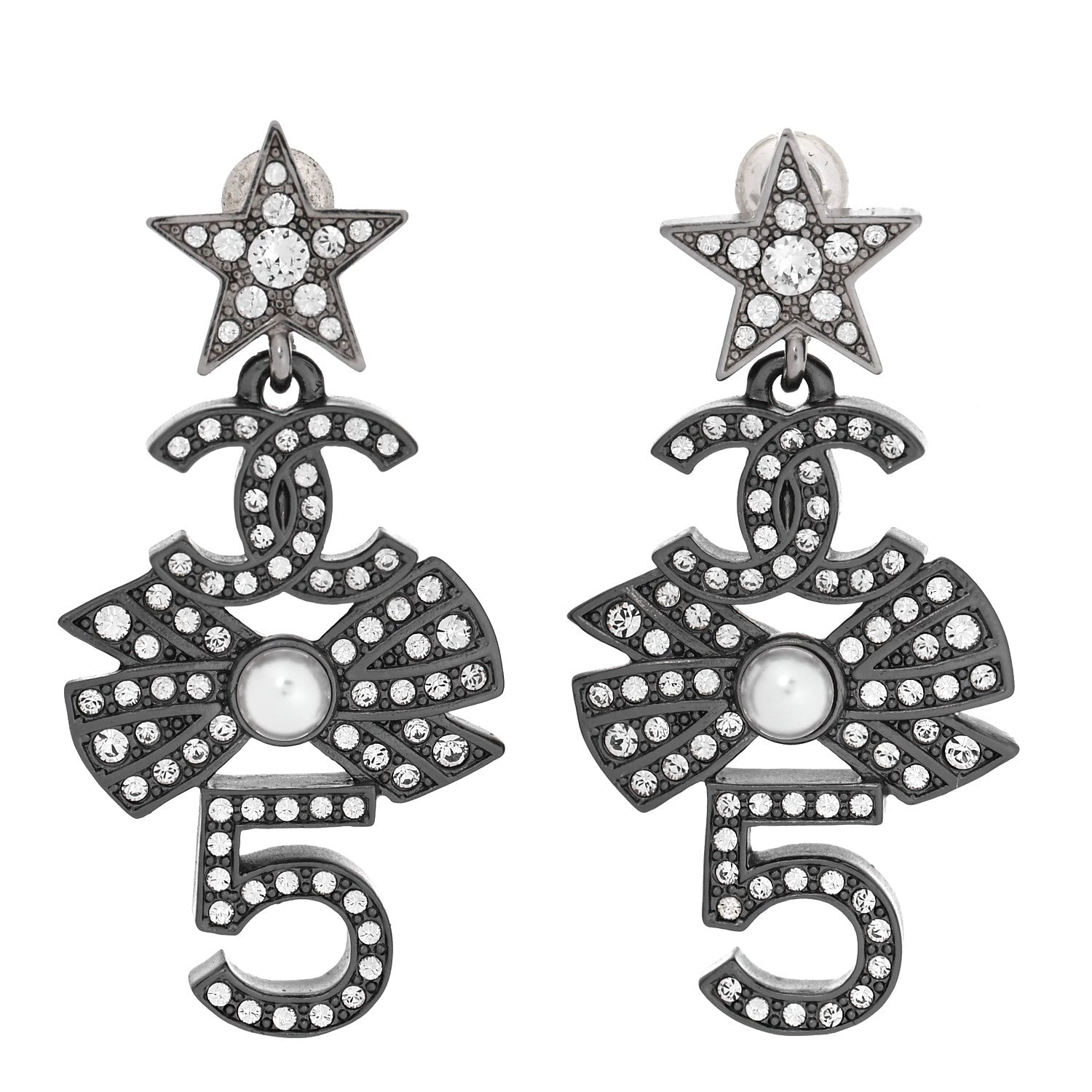 Chanel Ruthenium Crystal Pearl CC Drop Earrings 1 of 5