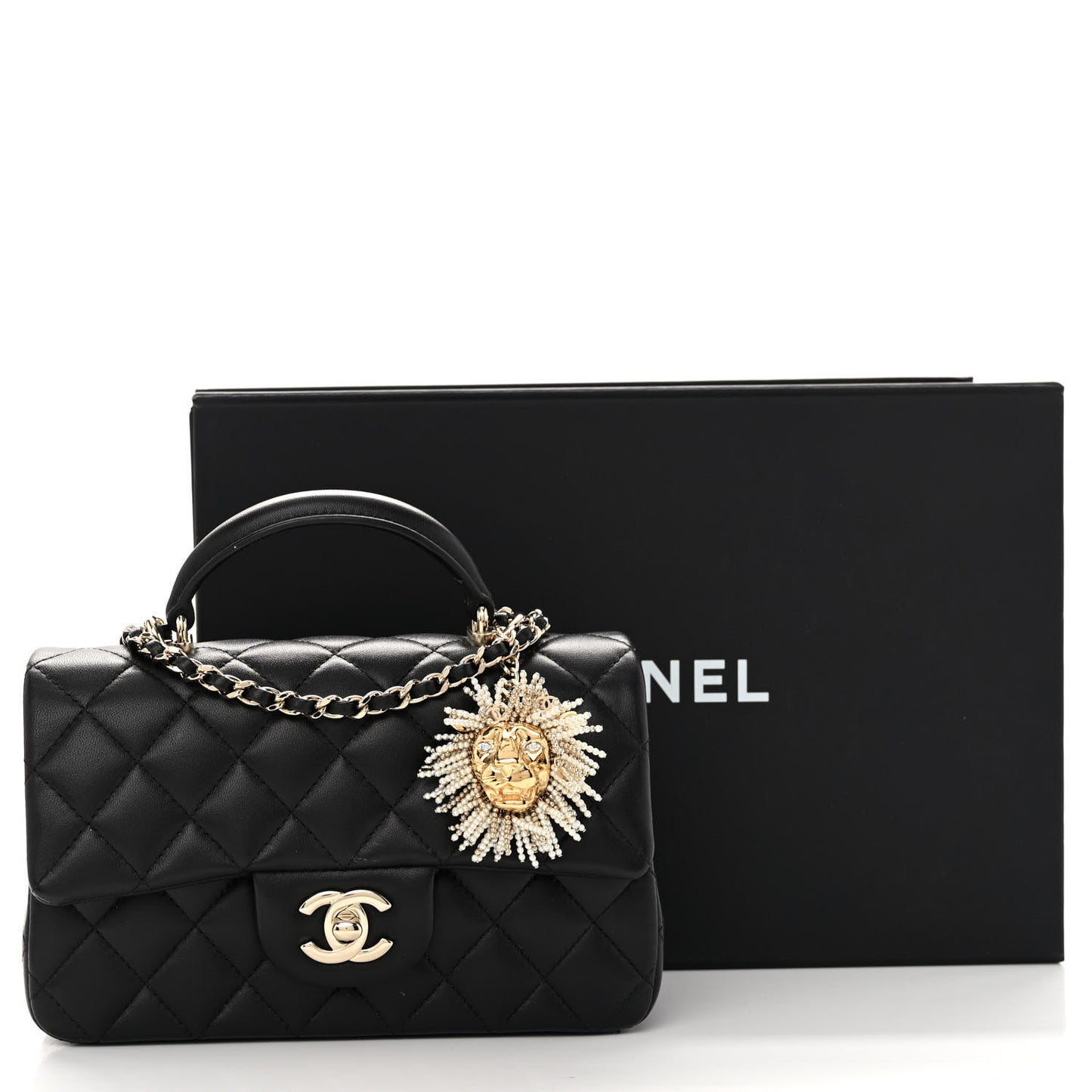Lambskin Pearl Crystal Quilted Mini CC Lion Charm Top Handle Rectangular Flap Black