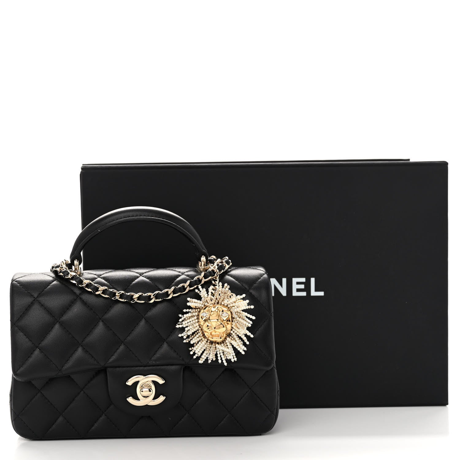 Chanel Lambskin Pearl Crystal Quilted Mini CC Lion Charm Top Handle Rectangular Flap Black 11 of 11