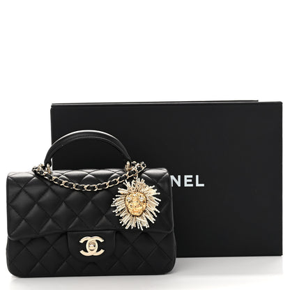 Chanel Lambskin Pearl Crystal Quilted Mini CC Lion Charm Top Handle Rectangular Flap Black 11 of 11