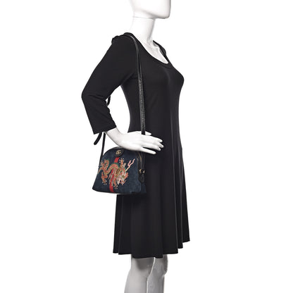 Gucci Suede Patent Dragon Embroidered Small Ophidia Dome Shoulder Bag Blue Multicolor Black 2 of 9