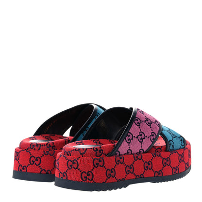 Gucci Monogram Multicolor Criss Cross Platform Slide Sandals 39 Light Blue Blue Pink Red 4 of 9