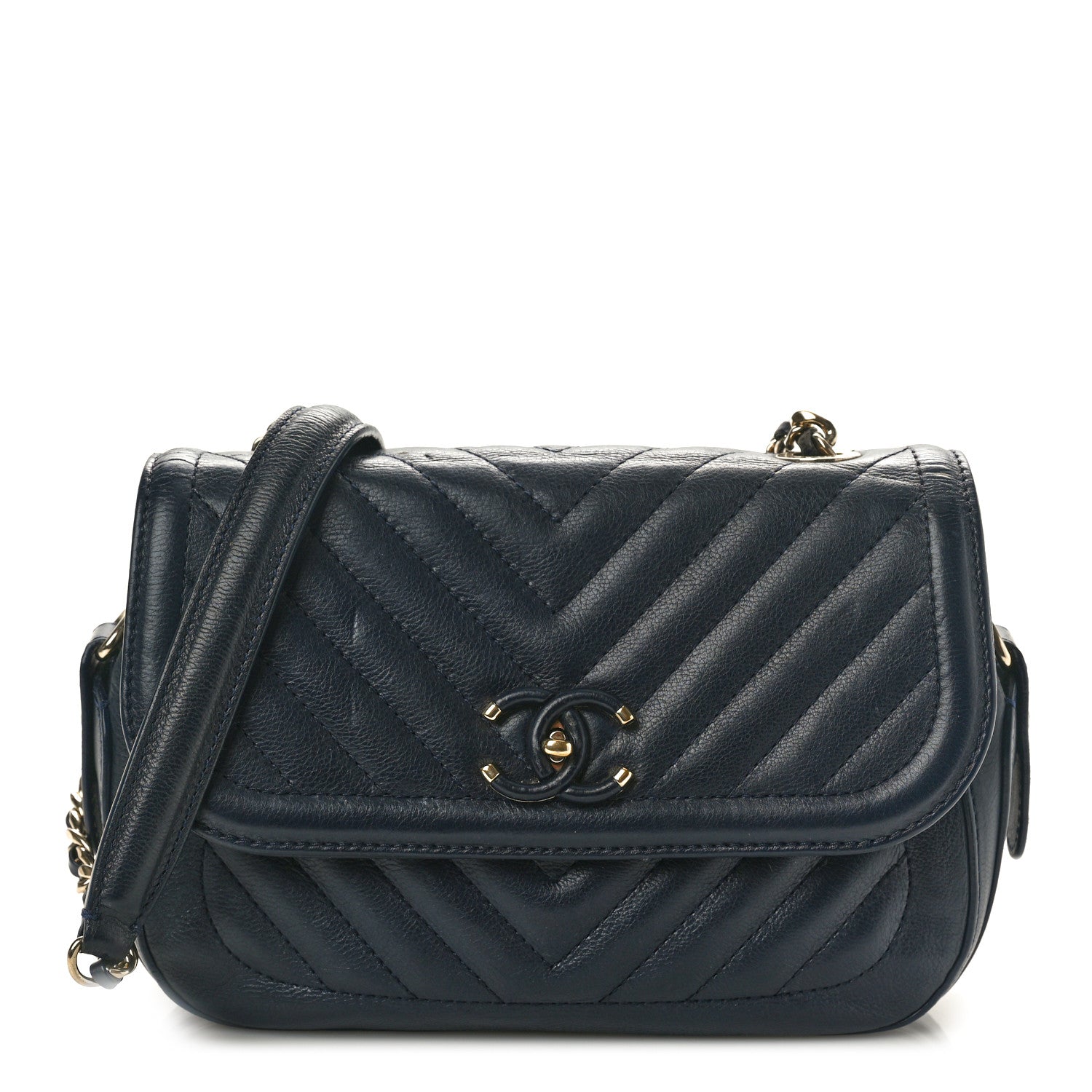 Chanel Calfskin Chevron Quilted Messenger Flap Navy 1 of 12