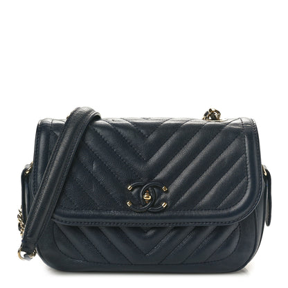 Chanel Calfskin Chevron Quilted Messenger Flap Navy 1 of 12