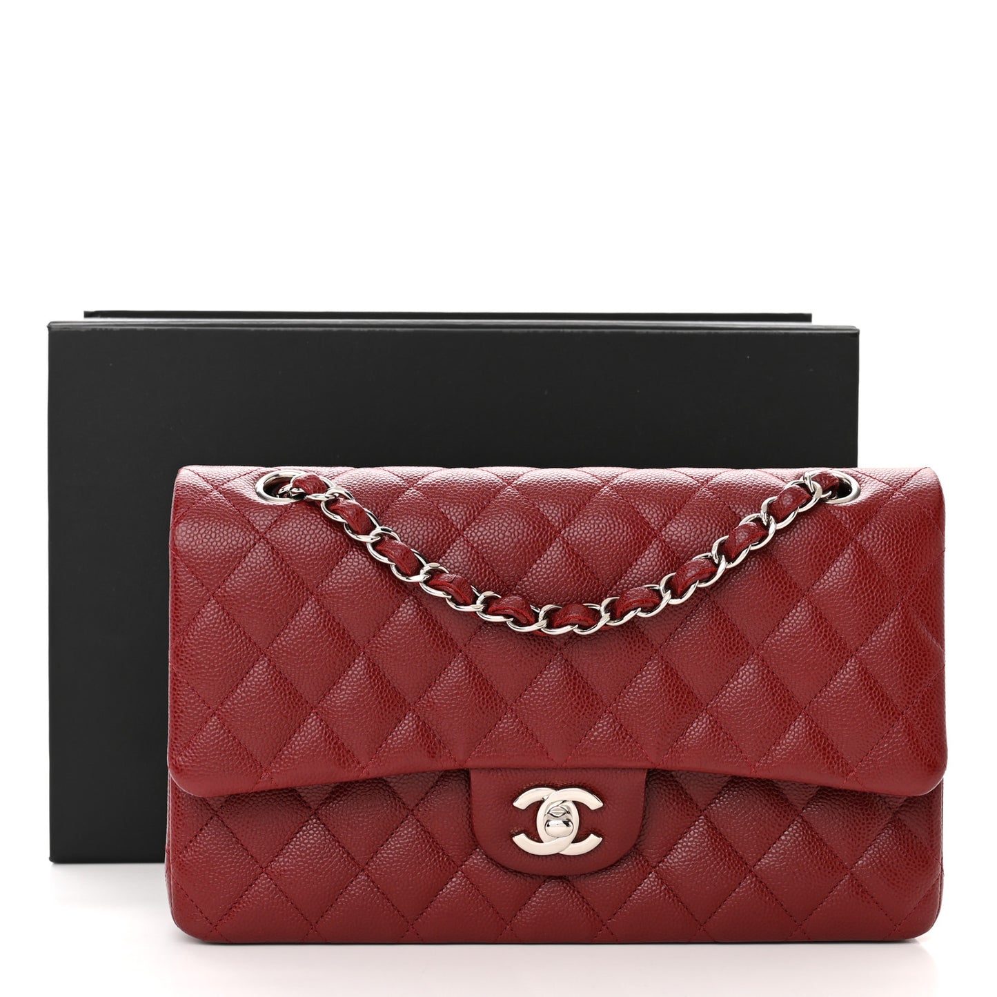 Caviar Quilted Medium Double Flap Dark Red