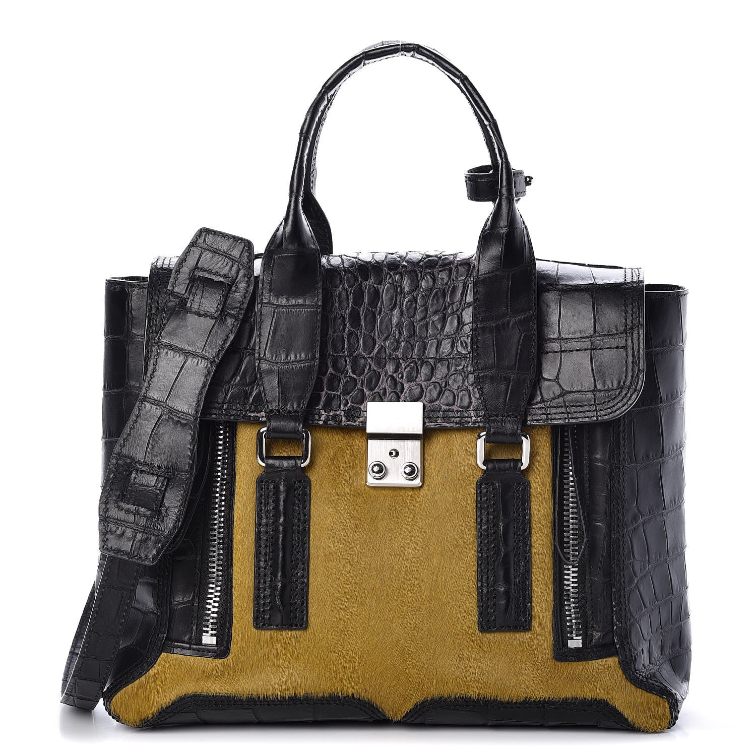 3.1 Phillip Lim 3.1 Calf Hair Calfskin Crocodile Embossed Medium Pashli Satchel Antique Grey Olive 1 of 22