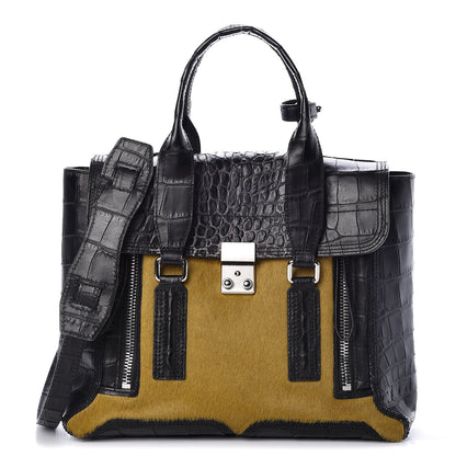 3.1 Phillip Lim 3.1 Calf Hair Calfskin Crocodile Embossed Medium Pashli Satchel Antique Grey Olive 1 of 22