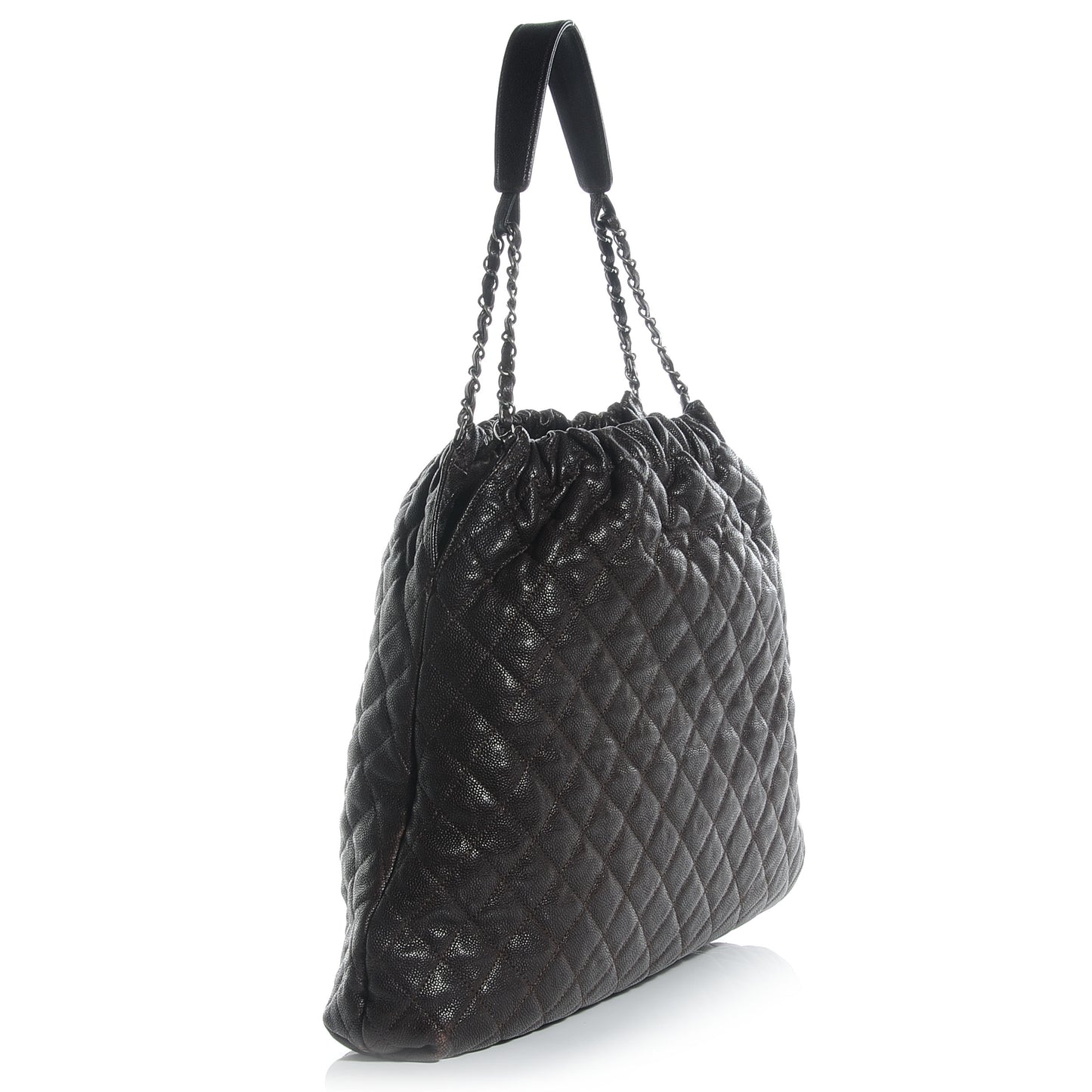 Distressed Glazed Caviar Quilted Large Elastic Tote Brown