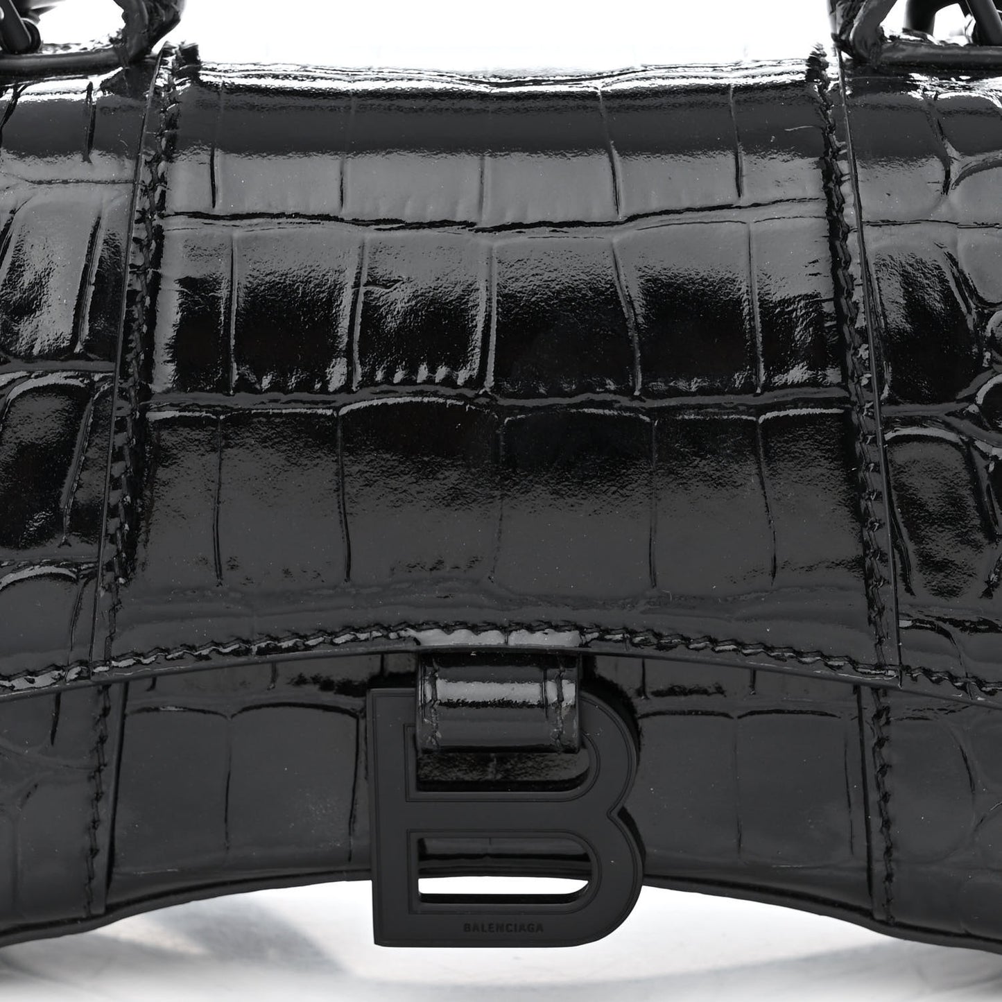 Shiny Calfskin Monochrome Crocodile Embossed Hourglass Top Handle Bag XS Black