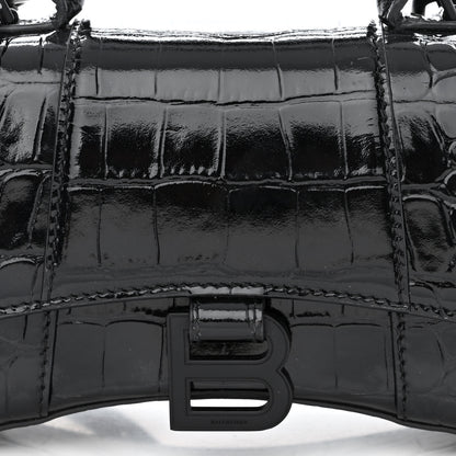 Balenciaga Shiny Calfskin Monochrome Crocodile Embossed Hourglass Top Handle Bag XS Black 9 of 13