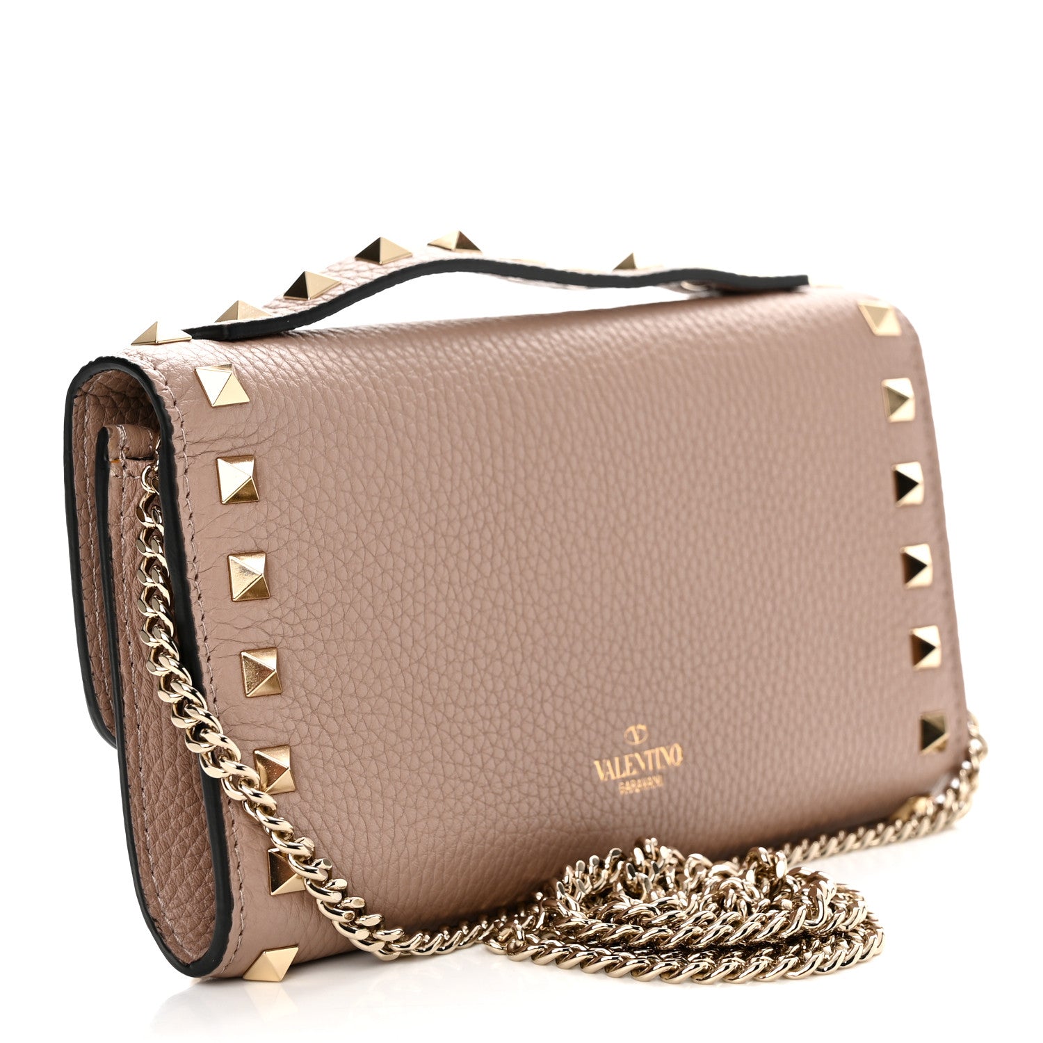 Valentino Garavani Pebbled Calfskin Rockstud Flip Lock Wallet On Chain Poudre 3 of 10