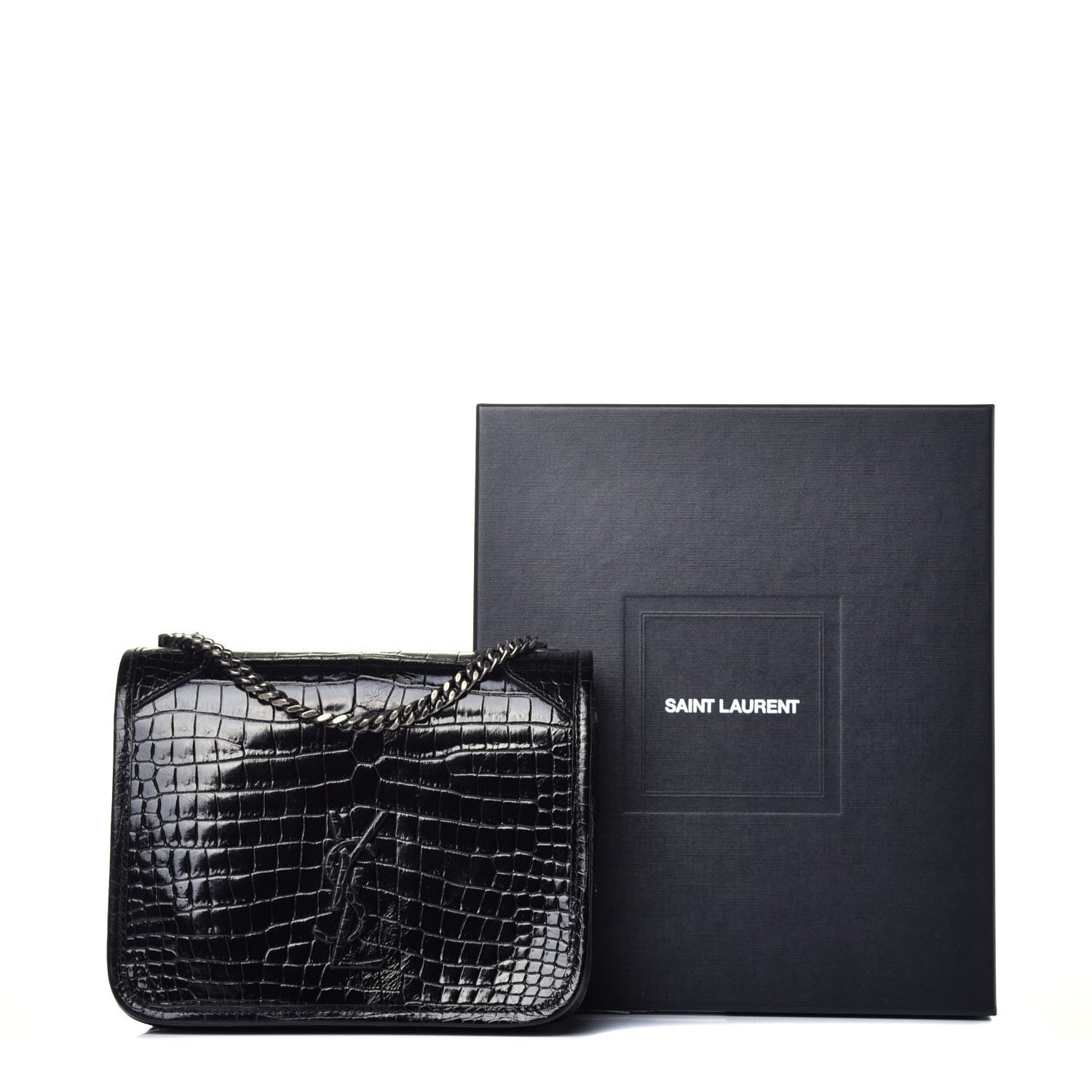 Saint Laurent Crocodile Embossed Lambskin Matelasse Monogram Niki Chain Wallet Black 9 of 9