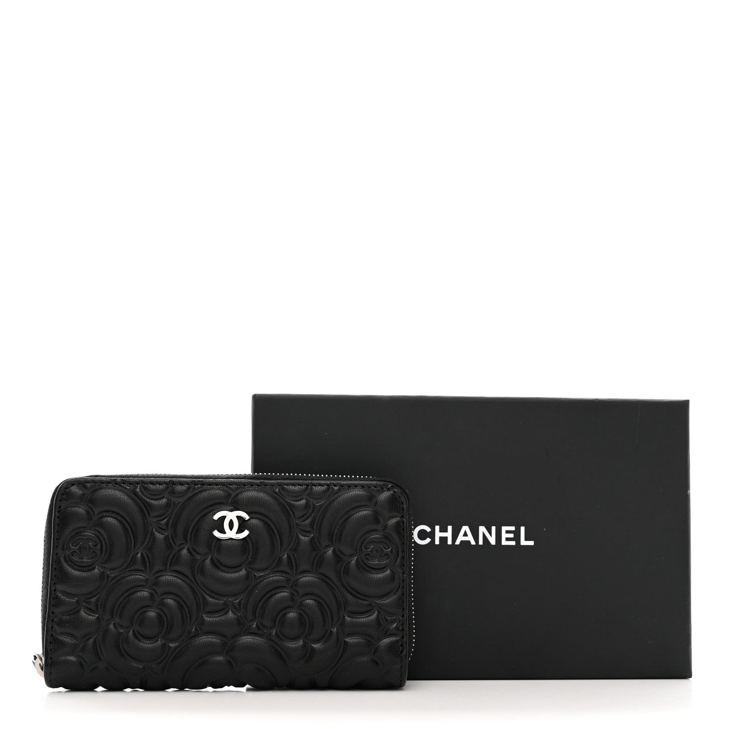 Goatskin Camellia Embossed Medium Zip Around Wallet Black