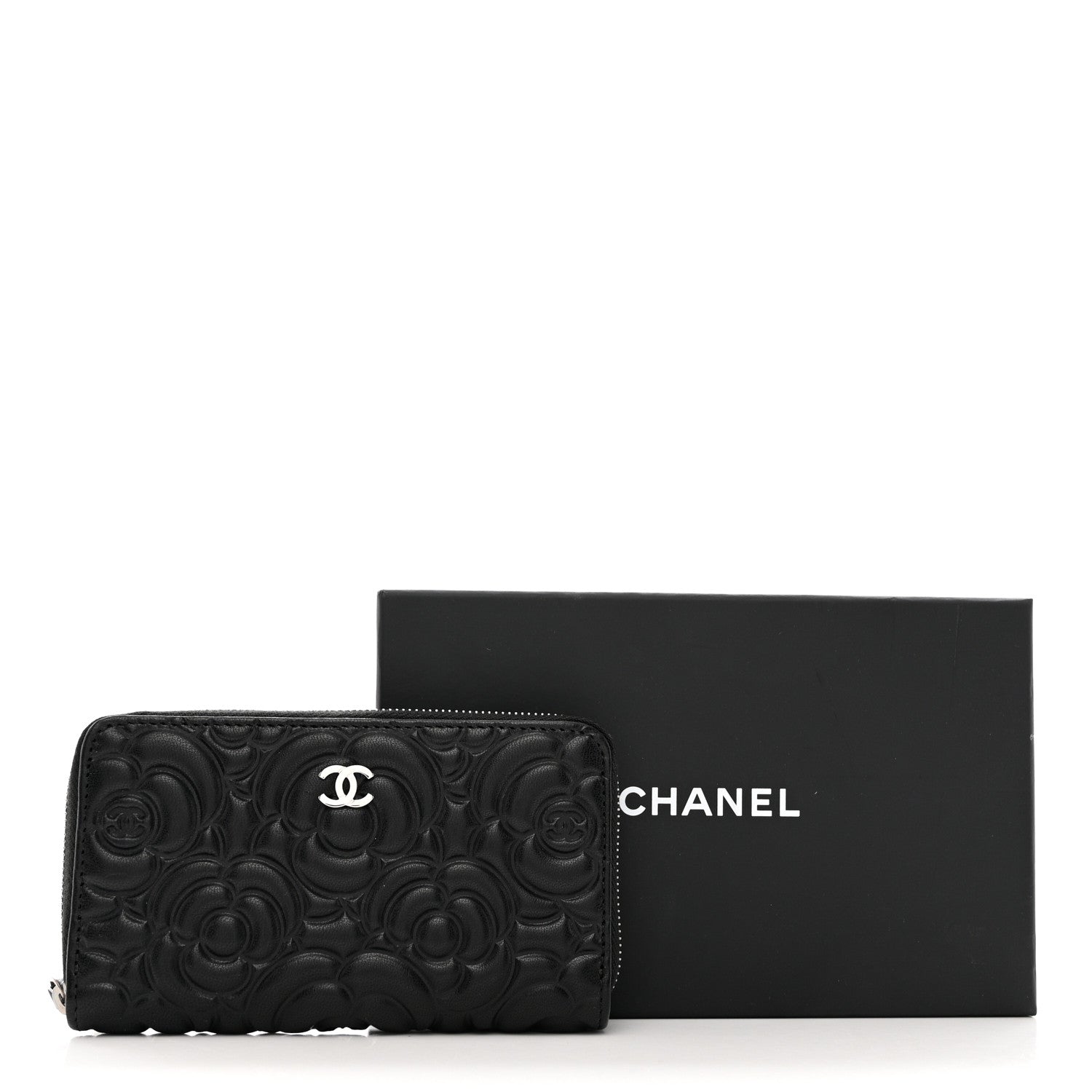 Chanel Goatskin Camellia Embossed Medium Zip Around Wallet Black 9 of 9