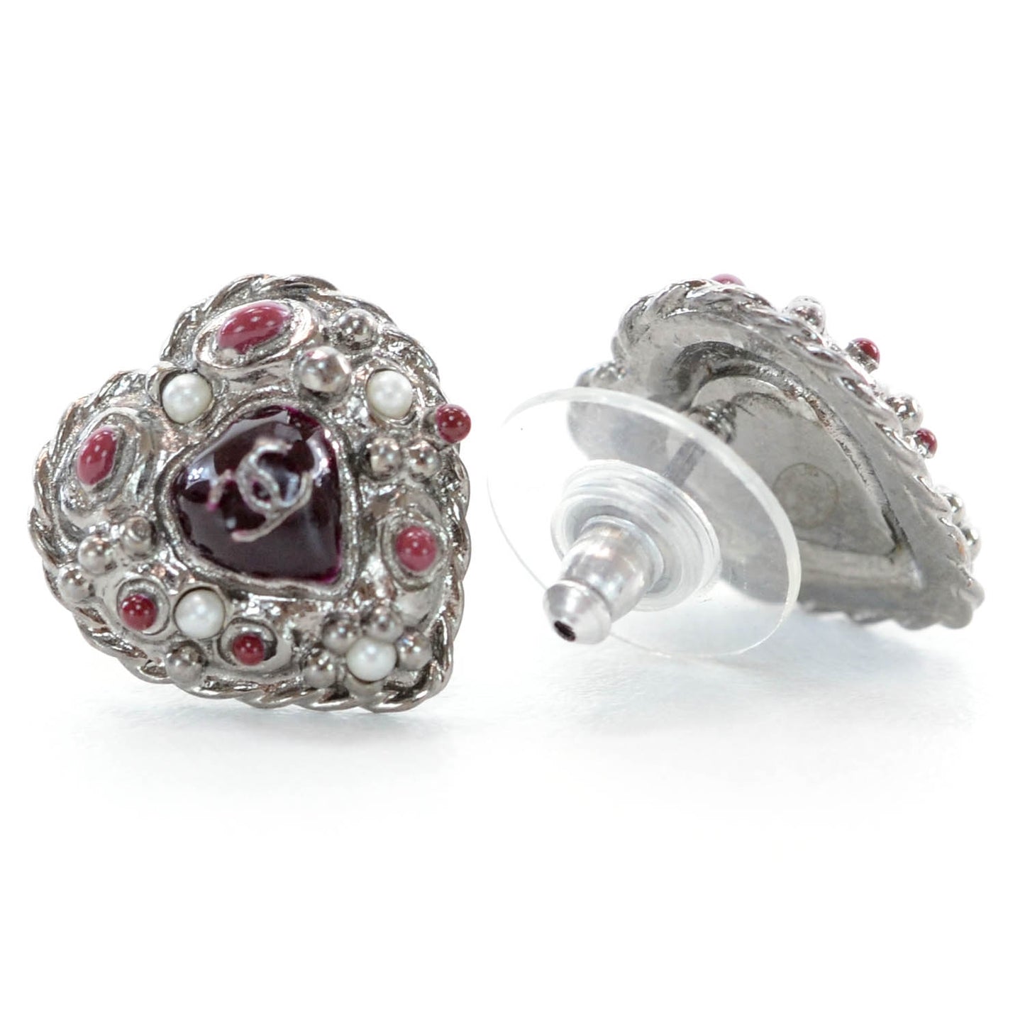 Pearl Enamel Heart CC Earrings Black Silver