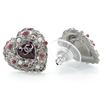 Chanel Pearl Enamel Heart CC Earrings Black Silver 3 of 5