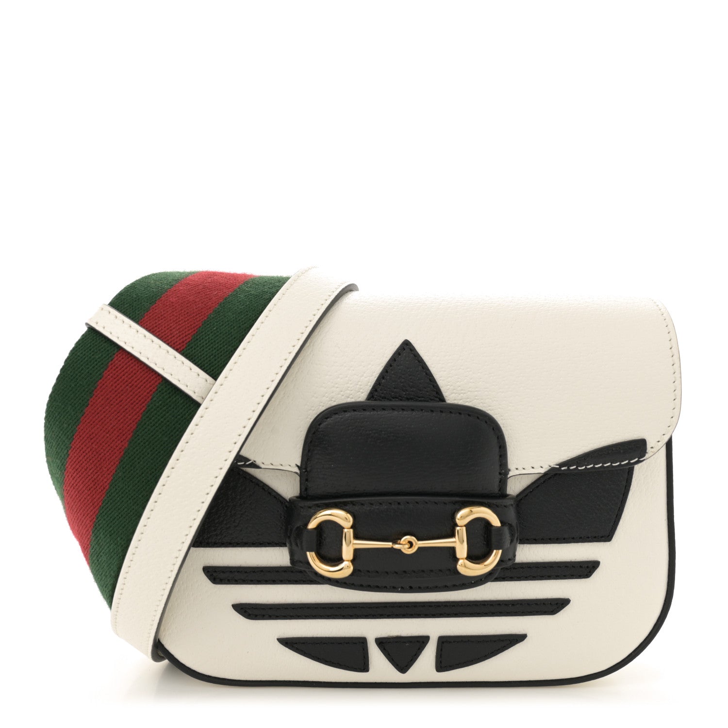 Gucci X ADIDAS Textured Dollar Calfskin Web Trefoil Mini Horsebit 1955 Shoulder Bag Off White Black 1 of 11