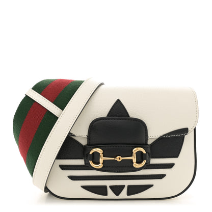 Gucci X ADIDAS Textured Dollar Calfskin Web Trefoil Mini Horsebit 1955 Shoulder Bag Off White Black 1 of 11