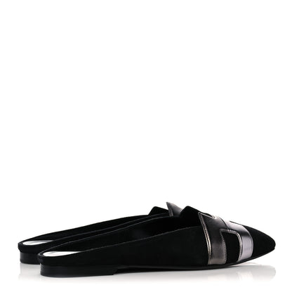 Hermes Suede Goatskin Metallic Nappa Roxane Mules 37.5 Black Canon De Fusil Argent 4 of 9
