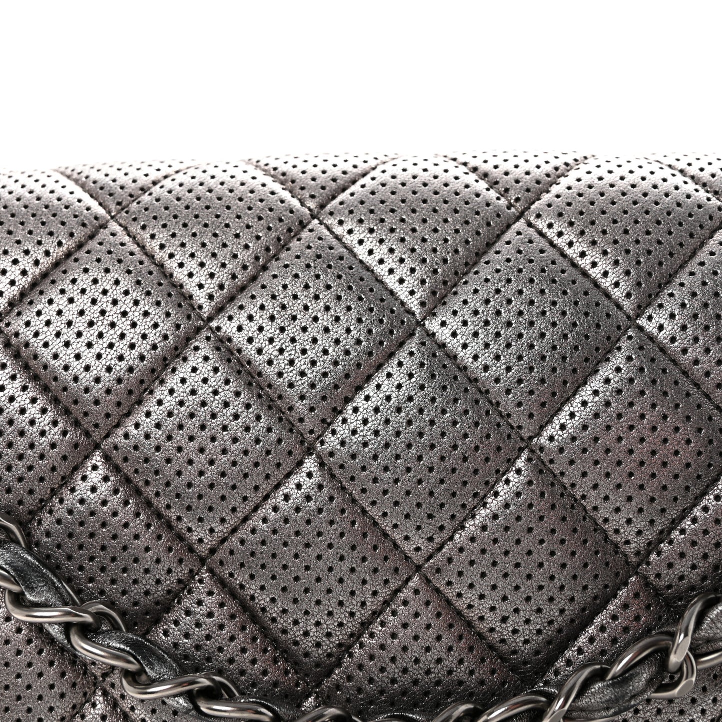 Metallic Perforated Lambskin Quilted Jumbo Double Flap  Dark Silver