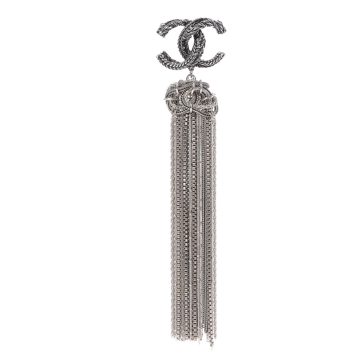 Chanel Crystal Chain Fringe CC Brooch Silver 1 of 5