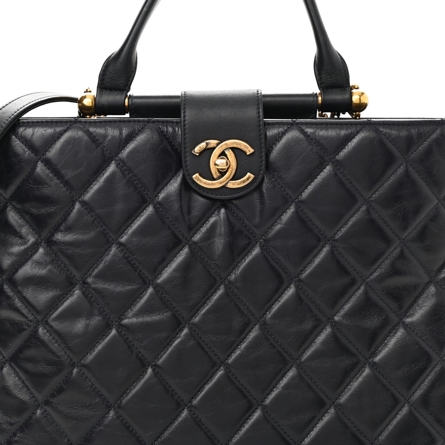 Calfskin Quilted Large Gold Bar Top Handle Tote Dark Navy Blue