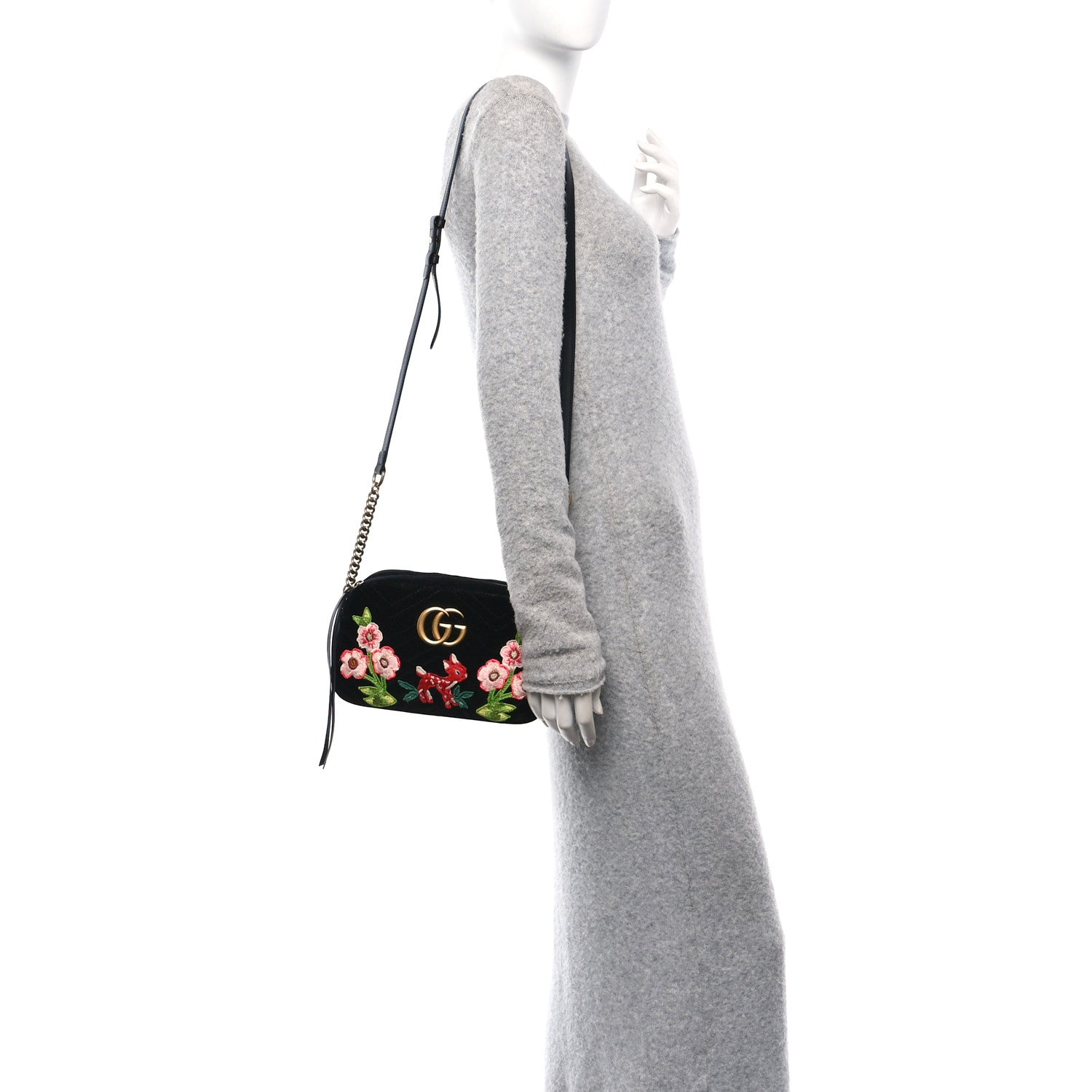 Gucci Velvet Matelasse Deer Embroidered Small GG Marmont Chain Shoulder Bag Black 2 of 10
